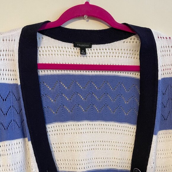 Tipped Pointelle V Neck Long Sleeve Cardigan Sweater Stripes White Blue Size M - Picture 2 of 5
